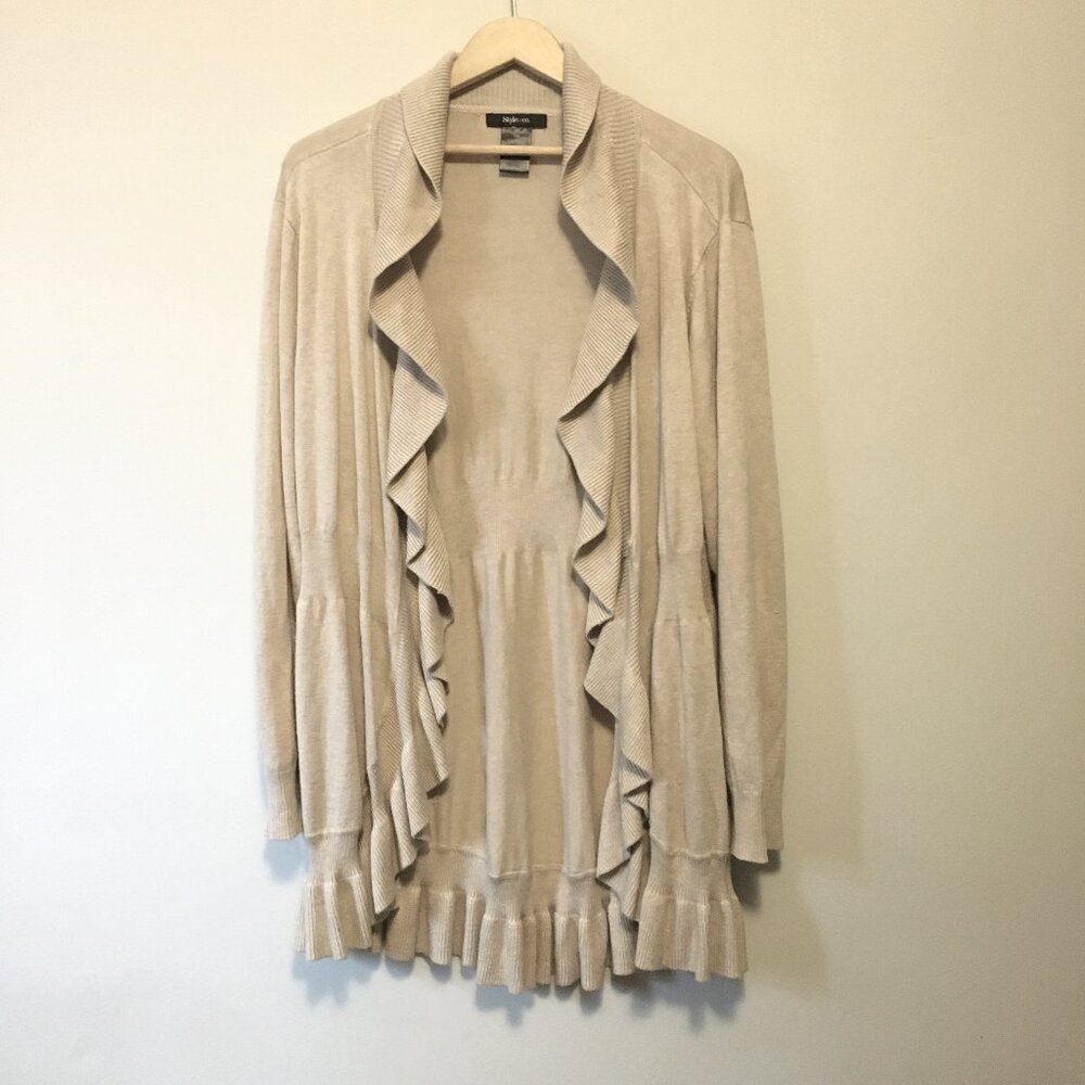 Fairygrunge Mori Kei Tan Ruffle Hem Open Front Cardigan Boho Knit - L